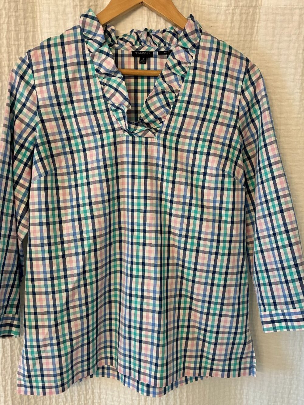 Talbots No-Iron 3/4 Sleeve Plaid Ruffle Neck Cotton Blouse
